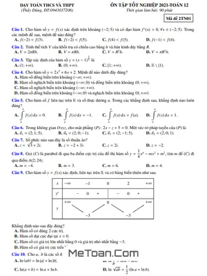 10 Đề Ôn Tập Tốt Nghiệp THPT 2021 Môn Toán Có Đáp Án Và Lời Giải