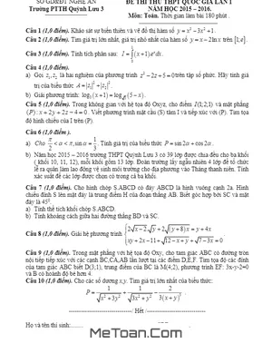 Đề thi thử THPT Quốc gia 2016 môn Toán trường Quỳnh Lưu 3 – Nghệ An lần 1