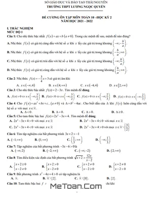 Đề Cương Ôn Tập Học Kỳ 2 Toán 10 Năm 2021 - 2022 Trường Lương Ngọc Quyến - Thái Nguyên