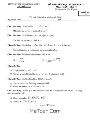Đề thi giữa kì 1 Toán 10 năm 2020 - 2021 trường THPT Nguyễn Công Trứ - Phú Yên