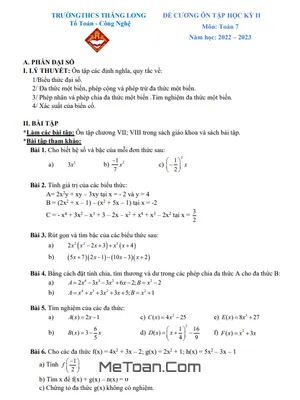 Đề Cương Ôn Tập Học Kỳ 2 Toán 7 Năm 2022 - 2023 Trường THCS Thăng Long - Hà Nội