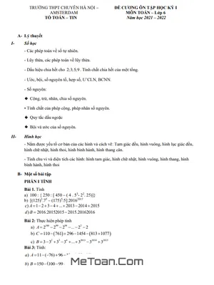 Đề Cương Ôn Tập Học Kỳ 1 Toán 6 Năm 2021 - 2022 Trường Chuyên Hà Nội - Amsterdam