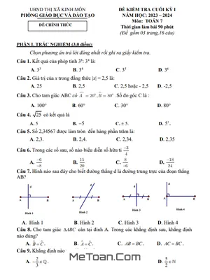 Đề thi học kì 1 Toán 7 năm 2023 - 2024 phòng GD&ĐT Kinh Môn - Hải Dương