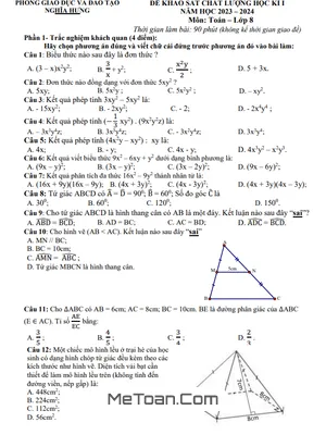 Đề thi học kì 1 Toán 8 năm 2023 - 2024 phòng GD&ĐT Nghĩa Hưng - Nam Định