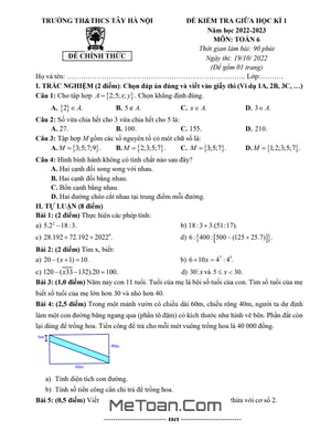 Đề thi giữa kì 1 Toán 6 năm 2022 - 2023 trường TH & THCS Tây Hà Nội