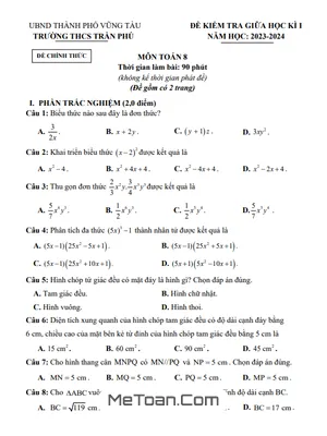Đề thi giữa kì 1 Toán 8 năm 2023 - 2024 trường THCS Trần Phú - BR VT (có đáp án)