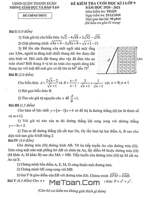 Đề thi học kì 1 Toán 9 năm 2020 - 2021 phòng GD&ĐT Thanh Xuân - Hà Nội