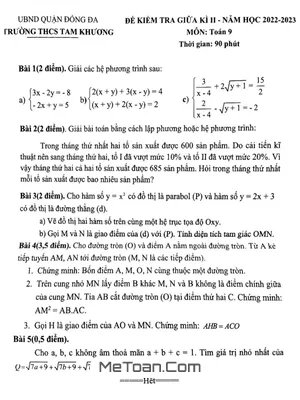 Đề thi giữa kì 2 Toán 9 năm 2022 - 2023 trường THCS Tam Khương - Hà Nội