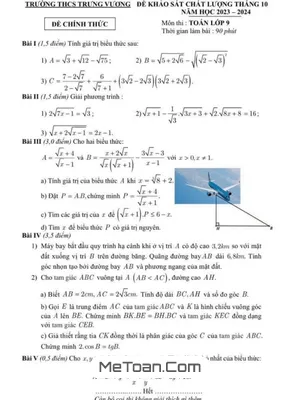 Đề khảo sát Toán 9 tháng 10 năm 2023 - 2024 trường THCS Trưng Vương - Hà Nội