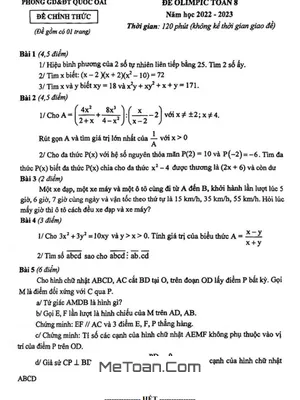 Đề Olympic Toán 8 Năm 2022 - 2023 Phòng GD&ĐT Quốc Oai - Hà Nội