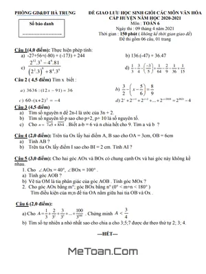 Đề thi HSG Toán 6 huyện Hà Trung - Thanh Hóa năm 2020 - 2021