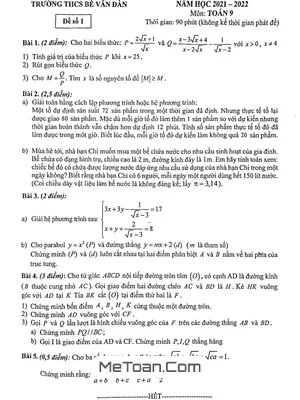 Đề Thi Học Kỳ 2 Môn Toán Lớp 9 Năm 2021-2022 Trường THCS Bế Văn Đàn - Hà Nội