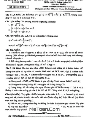 Đề thi tuyển sinh lớp 10 chuyên Toán Quảng Trị năm 2021 - 2022