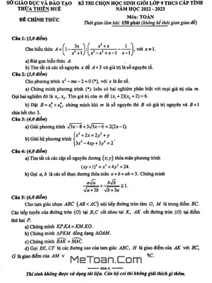 Đề thi học sinh giỏi Toán 9 cấp tỉnh Thừa Thiên Huế năm 2022 - 2023