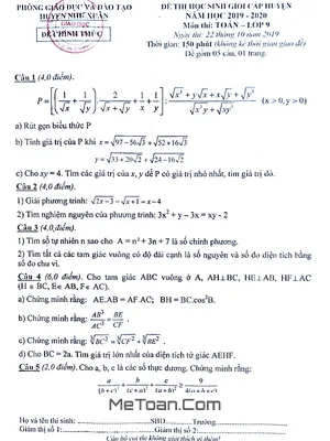 Đề thi HSG cấp huyện Toán 9 năm 2019 - 2020 phòng GD&ĐT Như Xuân - Thanh Hóa