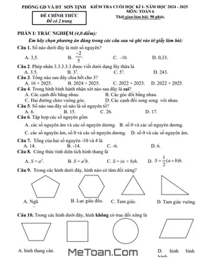 Đề Thi Học Kì 1 Toán Lớp 6 Năm 2024 - 2025 Phòng GD&ĐT Sơn Tịnh - Quảng Ngãi