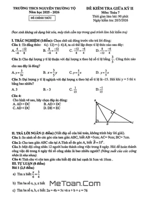 Đề Thi Giữa Kỳ 2 Toán 7 Năm 2025-2026 Trường THCS Nguyễn Trường Tộ, Hà Nội