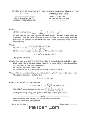 Đề thi chọn học sinh giỏi tỉnh môn Toán 11 năm học 2016 - 2017 sở GD&ĐT Hà Tĩnh