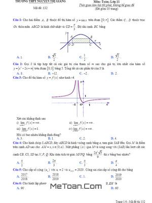 Đề KSCL Toán 11 Tháng 5 Năm 2020 Trường THPT Nguyễn Thị Giang – Vĩnh Phúc