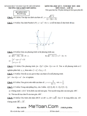 Đề thi học kì 1 môn Toán lớp 10 năm 2019 - 2020 trường Diên Hồng - TP.HCM (có đáp án)