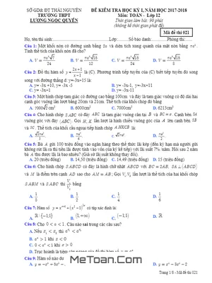 Đề thi HK1 Toán 12 năm 2017 - 2018 trường THPT Lương Ngọc Quyến - Thái Nguyên (có đáp án)