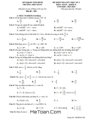 Đề Thi Giữa Kỳ 1 Toán 11 Năm 2023 - 2024 Trường THPT DTNT Ninh Bình