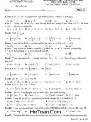 Đề Thi Giữa Kì 2 Môn Toán Lớp 12 Năm 2022 - 2023 Trường THPT Nguyễn Hiền - Quảng Nam