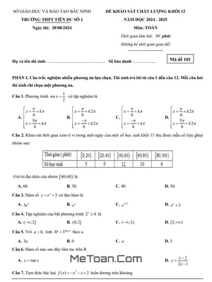 Đề khảo sát Toán 12 năm 2024 - 2025 trường THPT Tiên Du 1 - Bắc Ninh