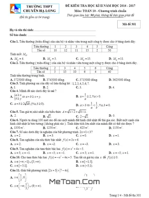 Đề thi HK2 Toán 10 năm học 2016 - 2017 trường THPT chuyên Hạ Long - Quảng Ninh