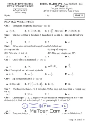 Đề thi học kỳ 1 Toán 11 năm 2019 - 2020 trường An Lương Đông - TT Huế