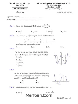 Đề thi học kỳ 2 Toán 12 năm 2022 - 2023 sở GD&ĐT Nam Định