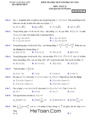 Đề thi học kỳ 2 Toán 12 năm học 2017 - 2018 sở GD&ĐT Bạc Liêu (có đáp án)