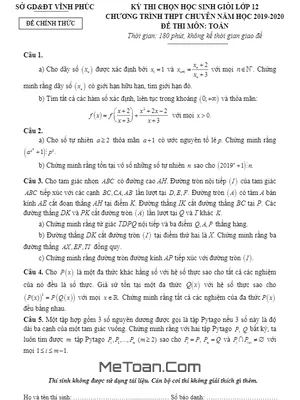 Đề thi HSG Toán 12 THPT chuyên năm học 2019 - 2020 sở GD&ĐT Vĩnh Phúc