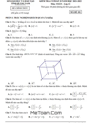 Bộ Đề Thi HK2 Toán 11 Năm 2021 - 2022 Sở GD&ĐT Quảng Nam (Có Đáp Án)