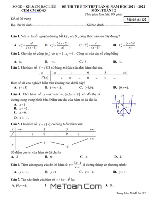 Đề thi thử THPT 2022 môn Toán lần 1 cụm CM số 3 sở GD&ĐT Bạc Liêu