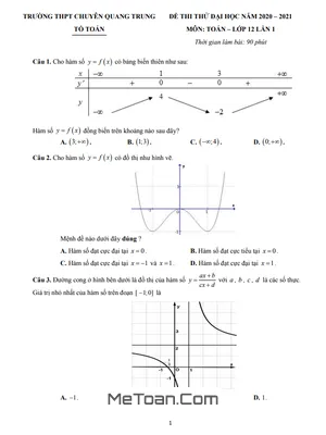 Đề thi thử Đại học 2021 môn Toán lần 1 trường chuyên Quang Trung – Bình Phước