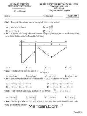 Đề thi thử Toán THPT QG 2020 lần 1 trường chuyên Nguyễn Trãi – Hải Dương
