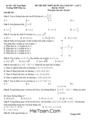 Đề Thi Thử THPT Quốc Gia 2017 Môn Toán Trường THPT Đại An - Nam Định Lần 2