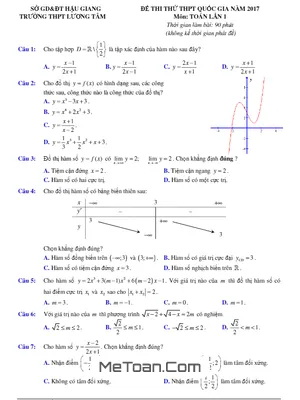 Đề thi thử THPT Quốc gia 2017 môn Toán trường THPT Lương Tâm - Hậu Giang lần 1