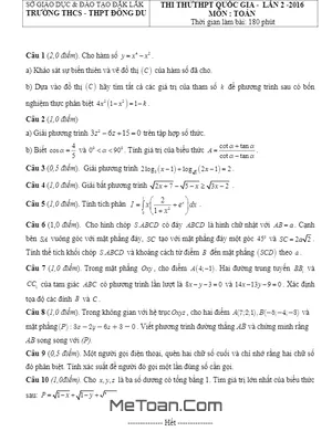 Đề Thi Thử Quốc Gia Môn Toán Trường Đông Du - Đắk Lắk Lần 2 Năm 2016