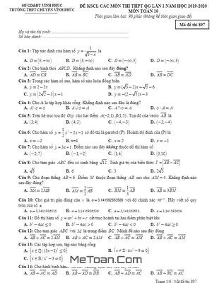 Đề khảo sát THPTQG lần 1 Toán 10 năm 2019 - 2020 trường chuyên Vĩnh Phúc