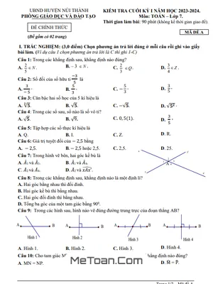 Đề thi học kỳ 1 Toán 7 năm 2023 - 2024 phòng GD&ĐT Núi Thành - Quảng Nam