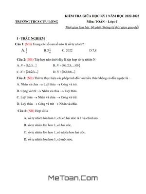 Đề Tham Khảo Giữa Kỳ 1 Toán 6 Năm 2022 - 2023 Trường THCS Cửu Long - TP HCM