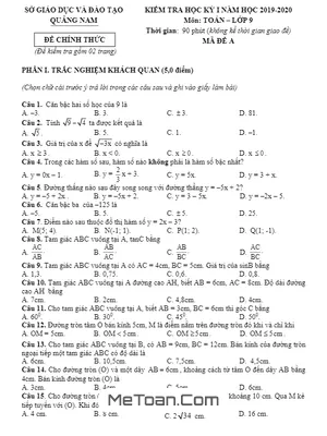 Đề thi HK1 Toán 9 năm học 2019 - 2020 sở GD&ĐT Quảng Nam