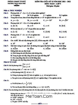 Đề thi giữa kỳ 2 Toán 9 năm 2021-2022 trường THCS Trần Phú - TT Huế
