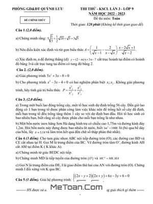 Đề KSCL lần 3 Toán 9 năm 2022 – 2023 phòng GD&ĐT Quỳnh Lưu – Nghệ An