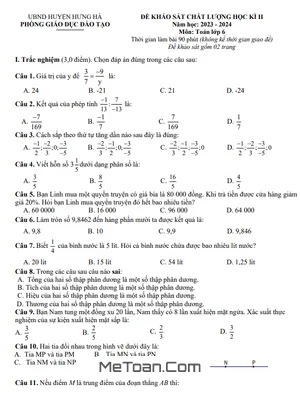 Đề học kì 2 Toán 6 năm 2023 – 2024 phòng GD&ĐT Hưng Hà – Thái Bình