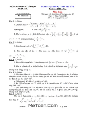Đề chọn ĐT HSG tỉnh Toán 8 năm 2022 - 2023 phòng GD&ĐT Triệu Sơn - Thanh Hóa