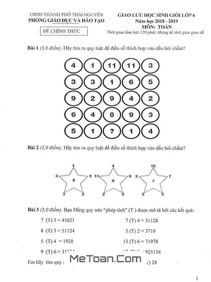 Đề thi học sinh giỏi Toán 6 năm 2018 - 2019 phòng GD&ĐT thành phố Thái Nguyên