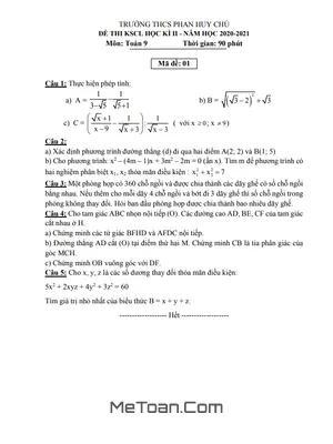 Đề thi học kì 2 Toán lớp 9 năm 2020 - 2021 trường THCS Phan Huy Chú - Hà Tĩnh